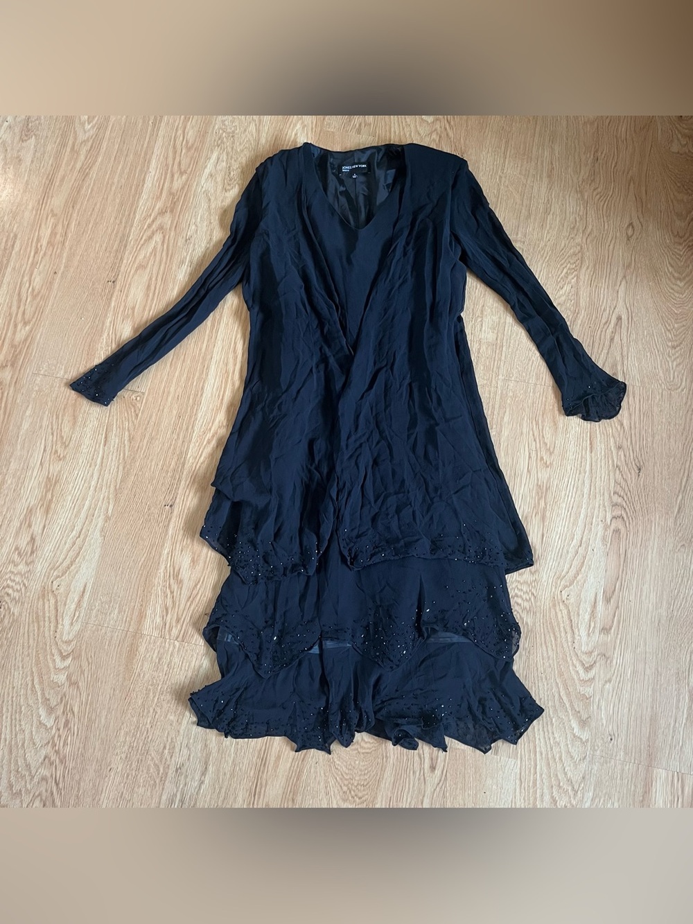 Jones New York Silk Black A-Line V-Neck Long Sleeve Chiffon Beaded Midi Dress 6